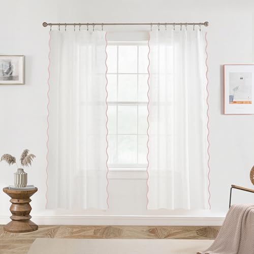 DriftAway Semi Sheer Scalloped Edge White Coastal Beach Window Curtains for Living Room Bedroom 2 Panels Rod Pocket Each Size 52 Inch by 72 Inch Pink - color: White Pink, size: 52"W x 72"L (Pack of 2)