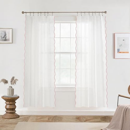 DriftAway Semi Sheer Scalloped Edge White Coastal Beach Window Curtains for Living Room Bedroom 2 Panels Rod Pocket Each Size 52 Inch by 72 Inch Pink - color: White Pink, size: 52"W x 72"L (Pack of 2)
