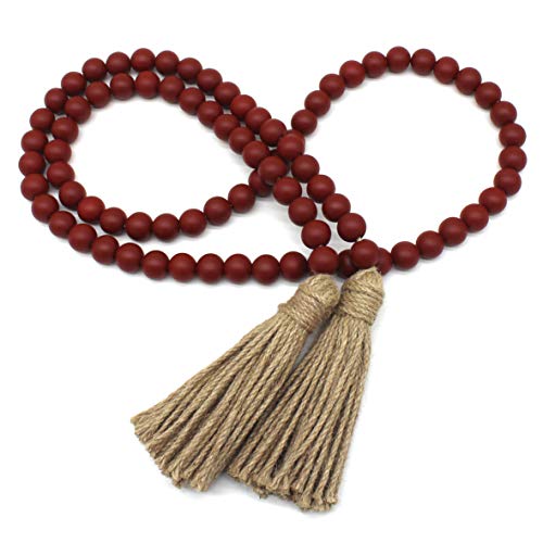 CVHOMEDECO. Wood Beads Garland with Tassels Farmhouse Rustic Wooden Prayer Bead String Wall Hanging Accent for Home Festival Decor. Burgundy - color: Burgundy