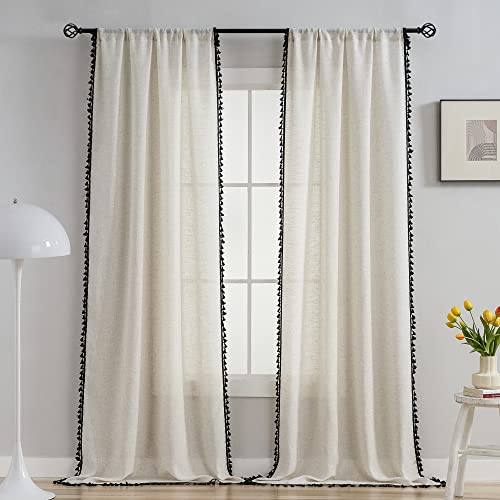 Boho Country Style Curtains, W40 x L96, Black Tassels, 2 Panels - color: Black, size: 40"W x 96"L (Pack of 2)