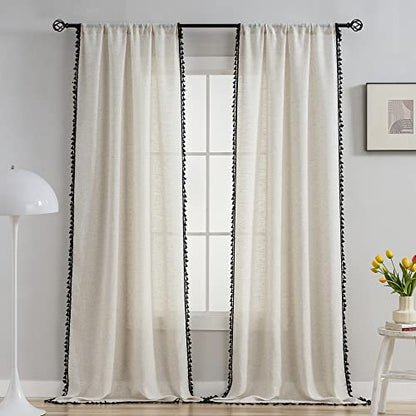 Boho Country Style Curtains, W40 x L96, Black Tassels, 2 Panels - color: Black, size: 40"W x 96"L (Pack of 2)