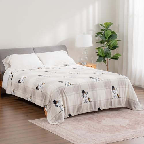 Berkshire Blanket Peanuts® VelvetLoft® Cute Character Snoopy Plush Blanket,Lakeside Plaid Harvest Snoopy and Woodstock Grey,Twin 60 in x 90 in (Official Peanuts® Product) - color: Lakeside Plaid Harvest Snoopy and Woodstock Grey, size: Twin (60 in x 90 in
