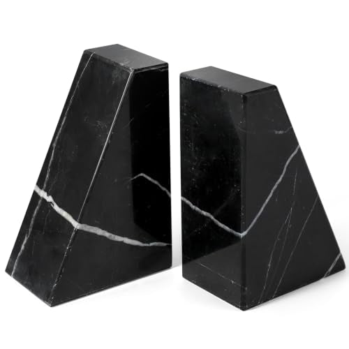 Koville Marble Bookends for Shelves, Natural Stone Book Ends for Large Books, Heavy Duty Bookends, Decorative Bookends for Office Home Kitchen Decor, Unique Modern Book Ends(Black) - color: Nero Marquina