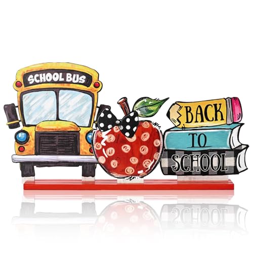 Smile Back to School Wooden Table Decor Book Stack, Polka Dot Apple, School Bus Desktop Signs - Classroom & Home Office Tabletop Decorations School Gift for Students, Teachers - style: School