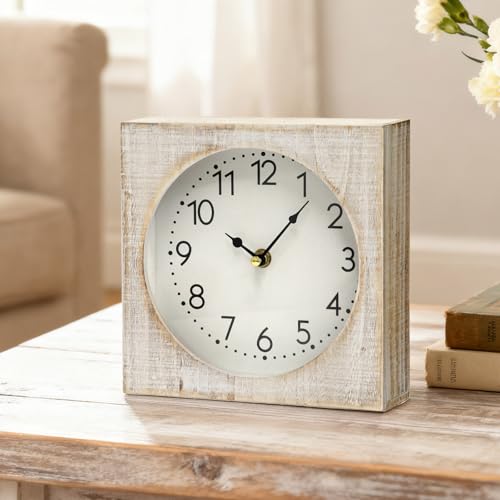 Vintage Table Clock, Square Wooden Farmhouse Table Clock Silent Non-Ticking Battery Operated Desk and Shelf Clocks for Living Room, Kitchen, Bedroom Decor - color: Natural