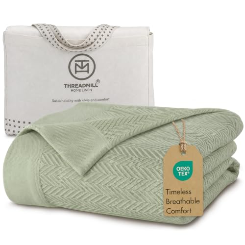 Threadmill Luxury 100% Cotton Twin Herringbone Blanket, Sage Green - color: Sage Green, size: Twin (68" x 92")