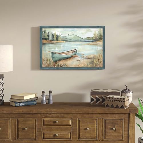HILL WEST Country Lake Boat Landscape Framed Wall Art, 24x16inch - color: Boat, size: 24"L x 16"W