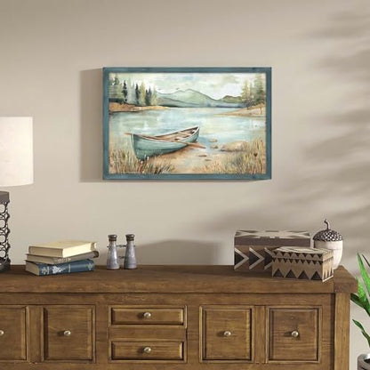 HILL WEST Country Lake Boat Landscape Framed Wall Art, 24x16inch - color: Boat, size: 24"L x 16"W
