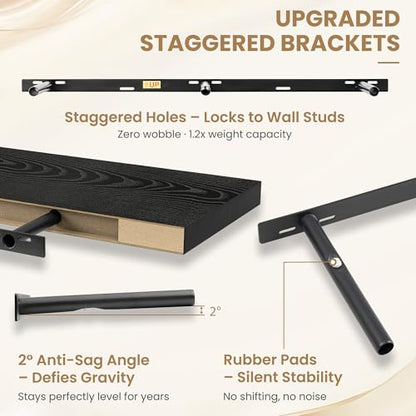 55 Inch Long Floating Shelves for Wall Set of 1, 12"D Wood Grain Shelves - color: Black, size: 55"Wx12"Dx2"H, 1P