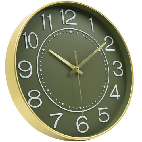 HZDHCLH 12 Inch Modern Wall Clock Battery Operated Silent Non Ticking - color: Green and Gold, size: 12 Inch