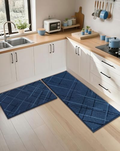 COSY HOMEER Kitchen Rugs,2 PCS Kitchen Mats Non Slip Washable,Blue - color: Blue, size: 24"x36" + 24"x60"