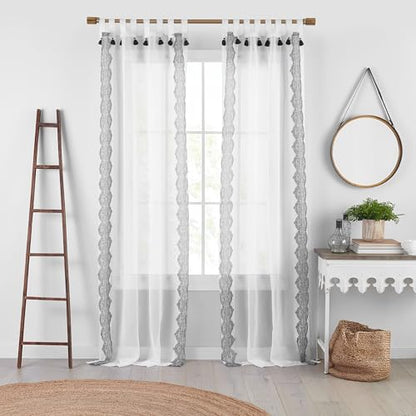 Shilo Boho Sheer Tab Top Window Curtain Panel with Tassels, Black - 52" W x 95" L
