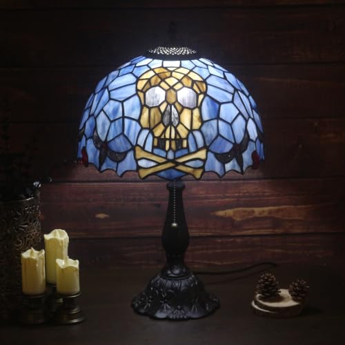 Tiffany Style Stained Glass Skull Lamp, Gothic Pirate Table Lamp, Halloween Home Decor Accent Light (Bulb Not Included, 12x12x19 in) - color: Multicolored