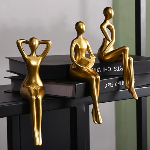 Quoowiit Gold Decor Thinker Statue Decor Book Shelf Decor, Abstract Statue Ornament Office Decor Modern Home Decor Decorations for Living Room Collectable Figurines Coffee Table Decor 3 Piece - color: Gold