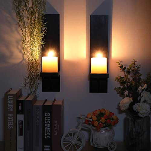 OwnMy 2PCS Wood Wall Candle Sconces Rustic Wall Mount Pillar Candle Sconces - color: Black