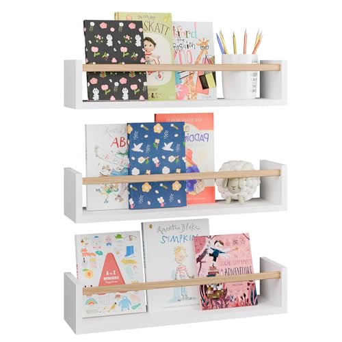 Fixwal Floating Nursery Book Shelves for Wall, 16.5 Inches, Set of 3 - color: White and Natural, size: 16.5inches