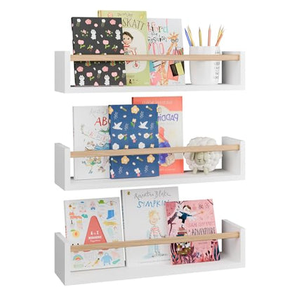 Fixwal Floating Nursery Book Shelves for Wall, 16.5 Inches, Set of 3 - color: White and Natural, size: 16.5inches