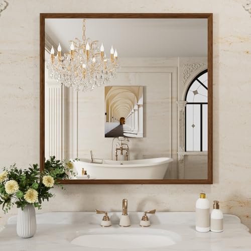 WEER Walnut Bathroom Vanity Mirror 36X36 Inch - color: Walnut, size: 36"L x 36"W