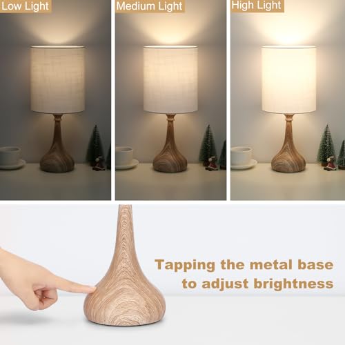 Dimmable Small Table Lamp, Bedside Lamps Touch Control for Bedrooms Nightstand with Wood Grain Base, Desk Lamp Night Light for Office Living Room, 9W 3000K LED Bulb Included - color: White, Wood Grain