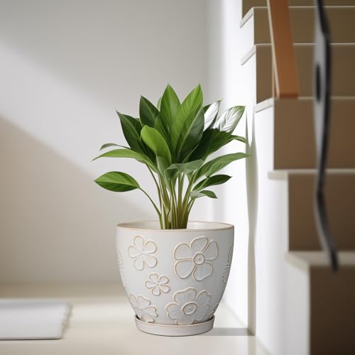 MPotTo 10 Inch Ceramic Planter Pot, Large Petal White - color: Large Petal White