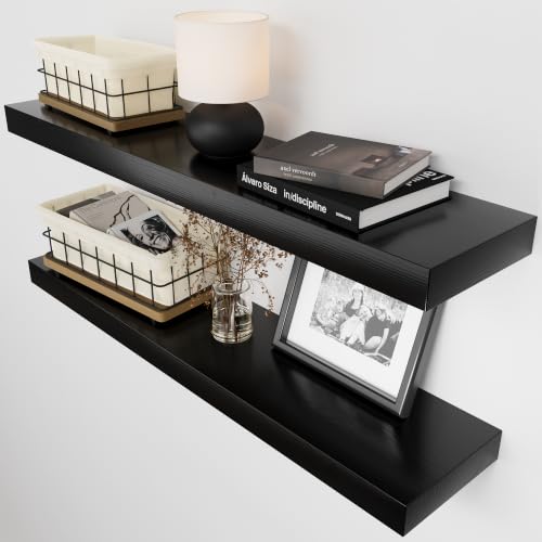 Solid Wood Floating Shelves for Wall 30 Inches Long, Black Wooden Shelf - color: Black, size: 30 Inch