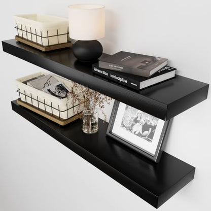 Solid Wood Floating Shelves for Wall 30 Inches Long, Black Wooden Shelf - color: Black, size: 30 Inch
