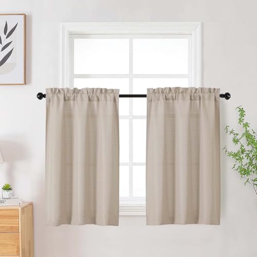 Linen Kitchen Curtains Tier 36 Inch Length 2 Panels, Faux Linen Textured Light Filtering Short Curtains Drapes for Bathroom Basement Half Window, Rod Pocket Design, Linen, Each 30Wx36L Inch - color: Linen, size: 30"W x 36"L (Pack of 2)
