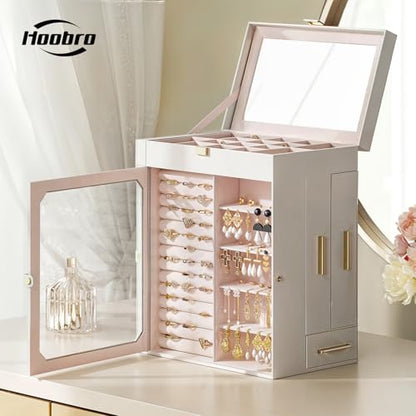 HOOBRO Jewelry Box with Mirror, Travel Jewelry Organizer with Glass Window - color: White + Gold