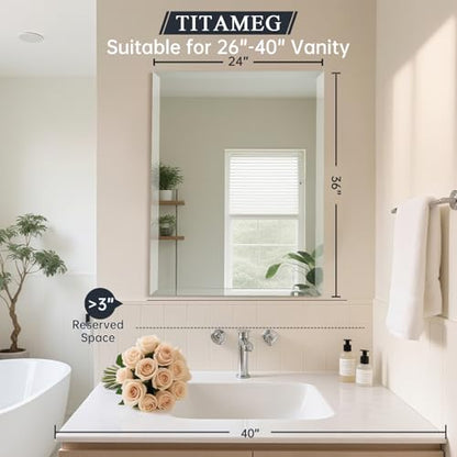 24x36 Inch Frameless Wall Mirror with 1" Beveled Edge, Frameless Rectangle Mirror for Bathroom, Vanity, Living Room - size: 36"L x 24"W