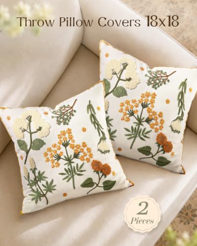 Embroidered Throw Pillow Covers 18x18, Set of 2, Meadow Flower - color: Meadow Flower, size: 18" x 18" (Pack of 2)