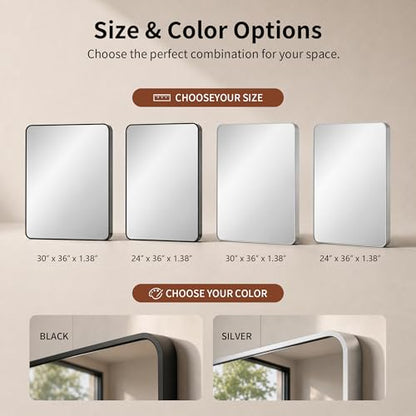 DeerValley Bathroom Mirror with Black Frame, Rounded Rectangle - color: Silver, size: 36"L x 24"W