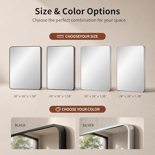 DeerValley Bathroom Mirror with Black Frame, Rounded Rectangle - color: Black, size: 36"L x 30"W