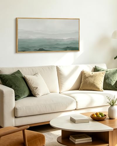 KUVIOKE Vintage Landscape Framed Wall Art Large 20x40in Minimalist Mountain Tan Green Neutral Toned Misty Nature Wilderness Illustrations Modern Art Decorative for Living Room Bedroom Natural Framed - color: Misty Mountain, size: 40"L x 20"W