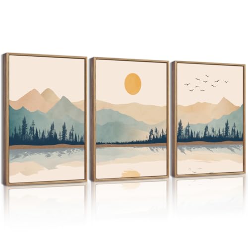 KUVIOKE Mountain Landscape Framed Canvas Wall Art Watercolor Nature Laker Painting Sun Rises Boho Farmhouse Rustic Room Decor for Bedroom Dining Room 12x16in (Natural Framed) - color: Laker and Mountain, size: 12 x 16in x 3 Panels Natural