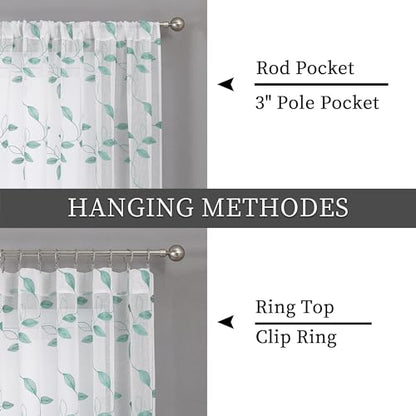 Tollpiz Teal Blue Leaf Sheer Tier Curtains Kitchen 30 x 24 Inches - color: Teal Blue, size: 30"W x 24"L (Pack of 2)