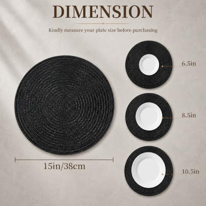 TaroKitc 15 inch Round Placemats Set of 6, Black - color: Black
