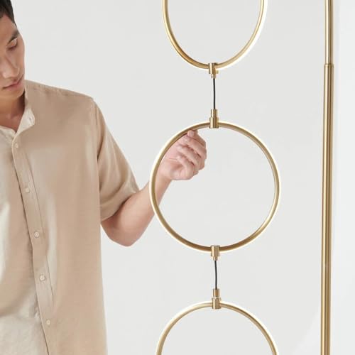 Brightech 3 Ring Lamp - 74" Dimmable LED Floor Lamp with 3 Hanging Light Rings, Modern Arc Standing Tree Lamp for Living Room, Bedroom and Office, 30W Warm White LED, Gold Brass - color: Brass
