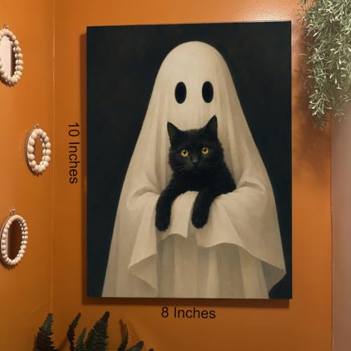 Halloween Wall Art Decor Ghost Holding Black Cat Canvas Print Framed - color: H