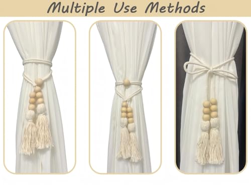 Wooden Beads Tassel Curtain Tiebacks, Curtain Tie Backs for Curtains 2 Pack, Sheer/Drapery Curtain Holdbacks, Rope Curtain Tie Backs, Boho Curtain Tiebacks for Mordern Farmhouse Home Office