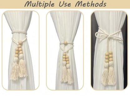 Wooden Beads Tassel Curtain Tiebacks, Curtain Tie Backs for Curtains 2 Pack, Sheer/Drapery Curtain Holdbacks, Rope Curtain Tie Backs, Boho Curtain Tiebacks for Mordern Farmhouse Home Office