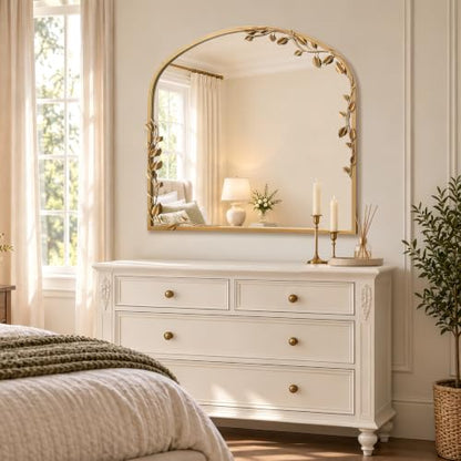Besdomus Arched Wall Decorative Mirror: 32"x30" Ornate Brass Gold Mirror - size: 32"L x 30"W
