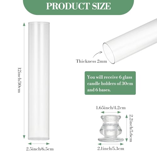 Garvee 6-Pack Glass Hurricane Candle Holders, 12" Tall Clear Candleholder Chimney Tube, 2.2" Taper Candlestick Holder with Cylinder Sleeves for Wedding Christmas Birthday Decor