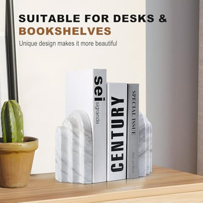 Natural Marble Book Ends - Heavy Duty Bookends for Shelves - Aesthetic Layered Arch Design Stone Book Holders, Modern Office Bookshelf Stopper Decor for Books/CDs (Volakas) - style: Arched-Volakas