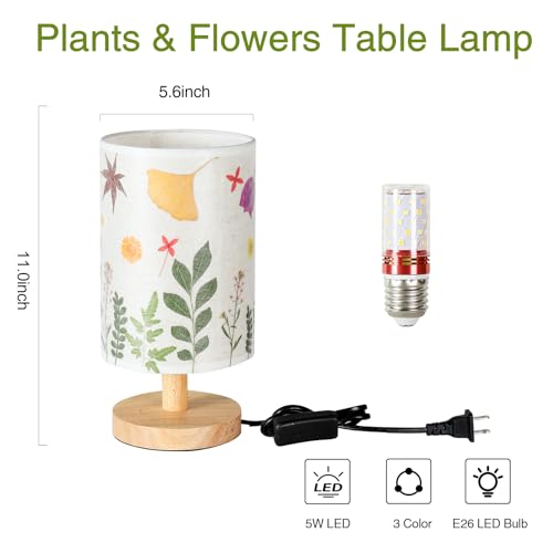 Pressed Flowers Table Lamp 5W LED 3Color Temperatures Dried Flower Bedside Lamp Linen Shade with Wood Base for Bedroom Living Room Desk Office - color: Leaf-3-Color