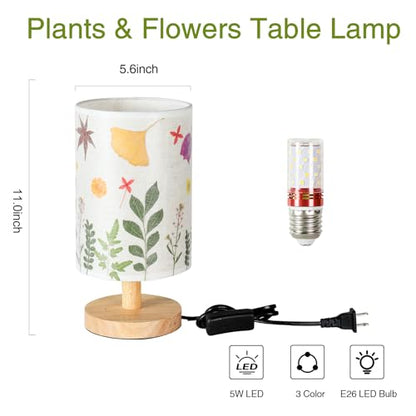 Pressed Flowers Table Lamp 5W LED 3Color Temperatures Dried Flower Bedside Lamp Linen Shade with Wood Base for Bedroom Living Room Desk Office - color: Leaf-3-Color