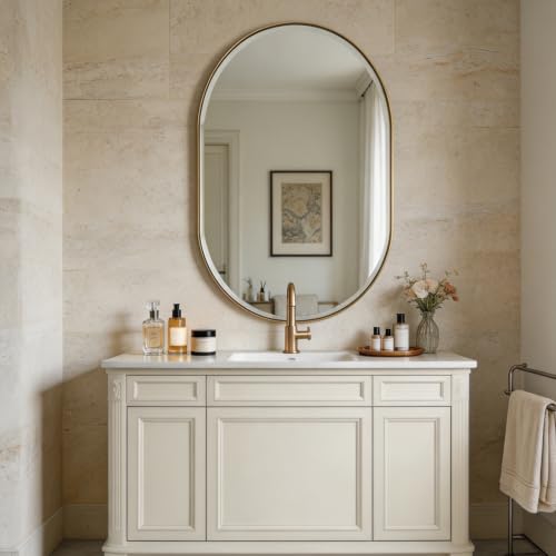 POZINO 48"x28" Brushed Gold Oblong Beveled Bathroom Mirror for Over Sink - color: Gold Oval, size: 48"L x 28"W