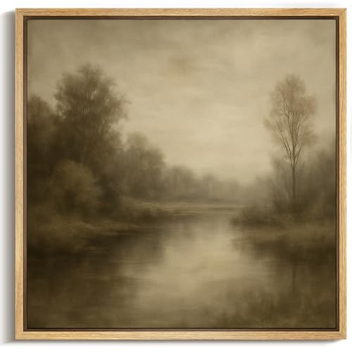 MUDECOR Framed Canvas Print Wall Art Foggy Riverbank with Bare Trees Tranquil Landscape Illustrations Modern Art Group Colorful for Living Room, Bedroom, Office - 16"x16" Natural - color: B09-2507-sar12, size: 16"L x 16"W