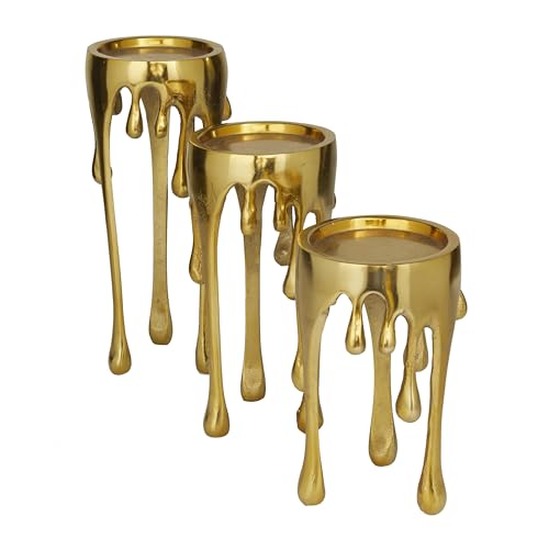 CosmoLiving by Cosmopolitan Aluminum Metal Abstract Decorative Candle Holder Melting Drip Candle Stand, Set of 3 Candlestick Holder 12", 10", 8"H, Gold - color: Gold
