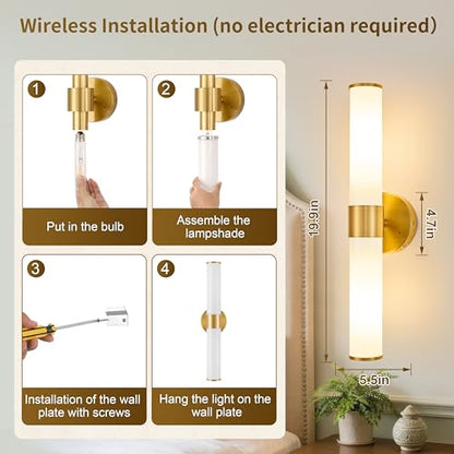 Gold Battery Operated Wall Sconces Set of 2 with White Glass Lamp Shade - color: Gold（White Glass）