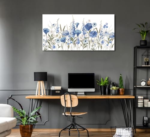 Elegant Blue White Flowers Wall Art Botanical Canvas Prints, 20"x40" - color: Blue White Botanical Flowers, size: 40"L x 20"W